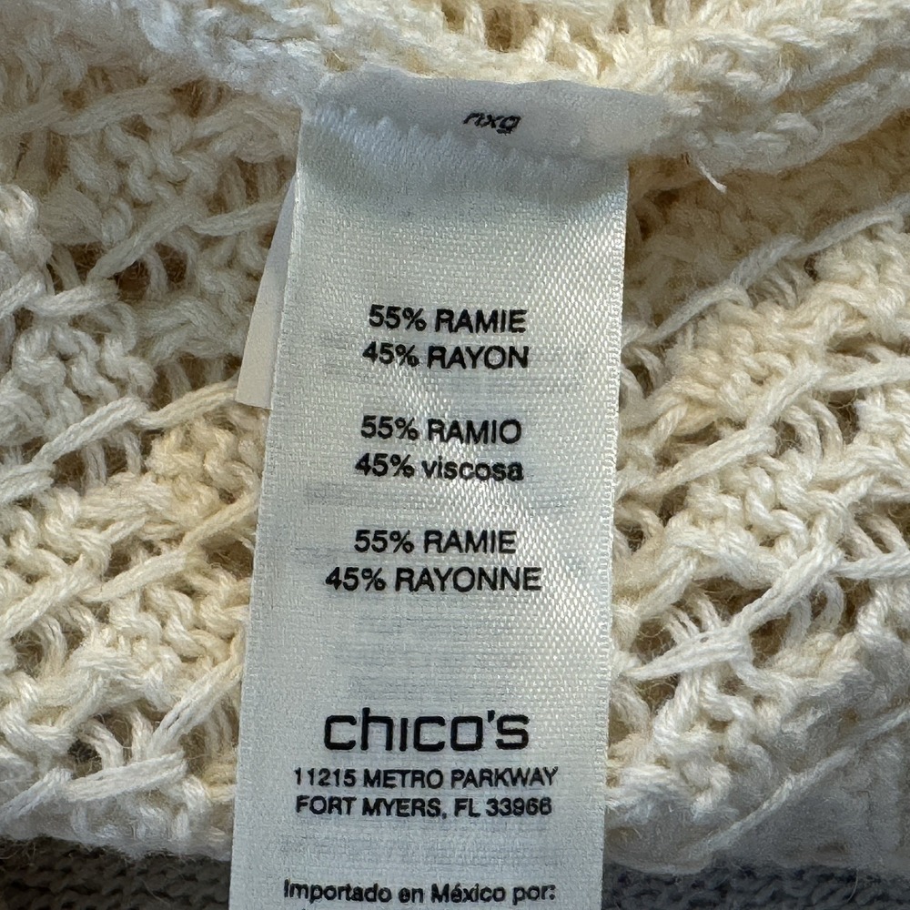 Chico's Open Knit Sweater Womens Size 1 Off White 3/4 Sleeve Round Neck Pullover - Picture 7 of 8